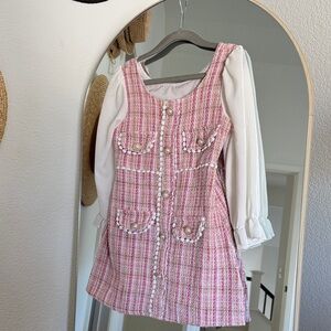 Pink Plaid Dress with White Sleeves